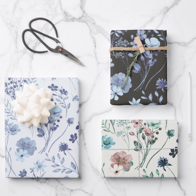 Coole Pastell Blau & Creme Rustikale Blume Geschenkpapier Set (Vorderseite)