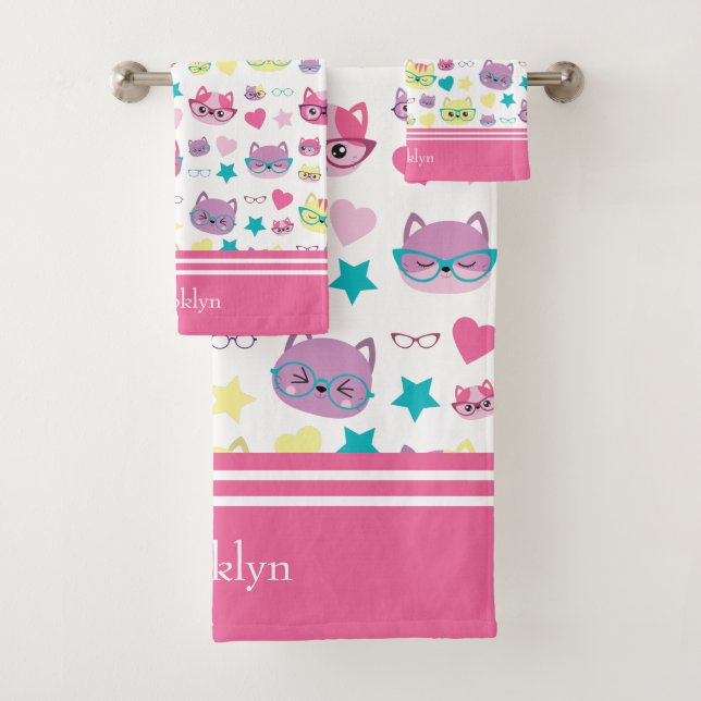 Coole Pastellkatzen mit Glasmuster, rosa Badhandtuch Set (Insitu)