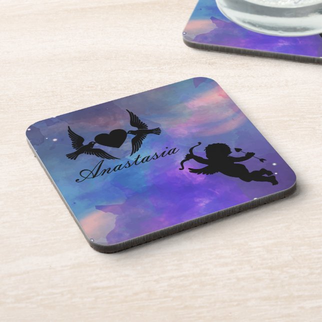 Coole, Phantastische, lila Vögel, weißes Herz und  Getränkeuntersetzer (Linke Seite)