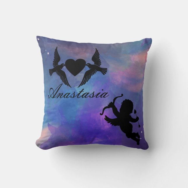 Coole, Phantastische, lila Vögel, weißes Herz und  Kissen (Vorderseite)