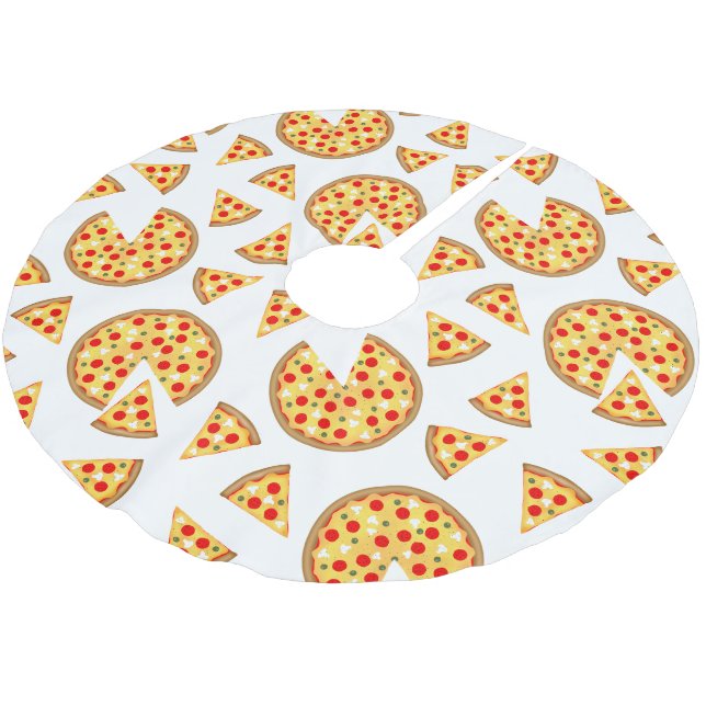 Coole Pizzas und Schnitte auf Weiß Polyester Weihnachtsbaumdecke (Schrägansicht)