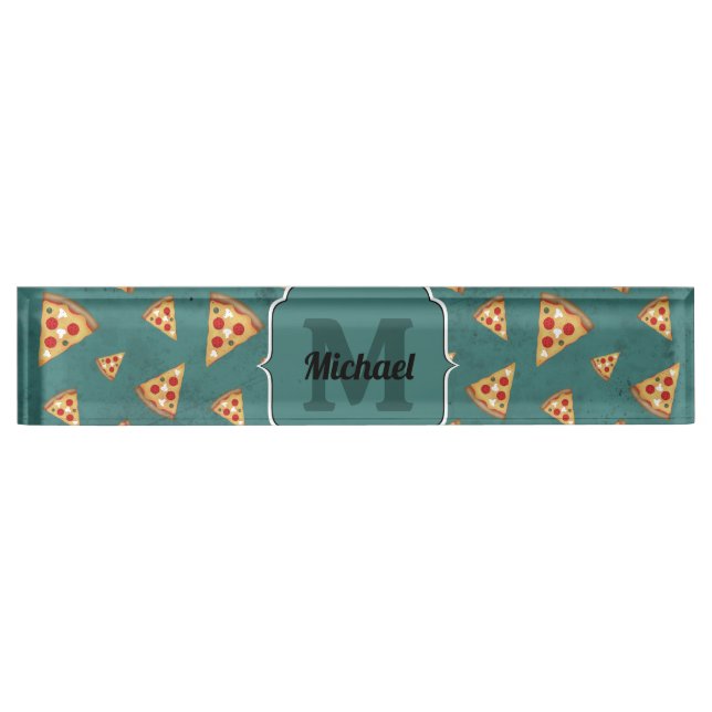 Coole Pizzaslicen Vintages aquamarines Muster Mono Namensplakette (Vorderseite)