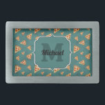 Coole Pizzaslicen Vintages aquamarines Muster Mono Rechteckige Gürtelschnalle<br><div class="desc">Personalisieren Sie Ihre Eingabe und Ihren Namen. Einzigartiges Geschenk für ihn. Coole und lustige Pizzaschnitte auf rustikalem,  dunkelgrünem Blau - ein einzigartiges Geschenk für Feinschmecker,  Gastronomen,  Pizzerien...  Juicy Vektor Pizza mit knuspriger Kruste,  Käse,  Salami,  Champignon Pilze,  Oliven und ein Sprinkle Oregano gemacht.</div>
