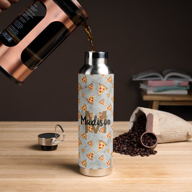 Coole Pizzaslicen Vintages graues Muster Monogram Trinkflasche (Kaffee)