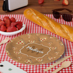 Coole Pizzastücke vintage braunes Muster Monogramm Pappteller