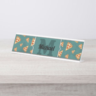 Coole Pizzastücke vintage teal Muster Monogramm Schreibtischnamensplakette