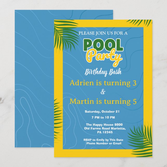 Coole Poolparty-Schwimmbad Geburtstagsfeier  Einladung (Vorne/Hinten)