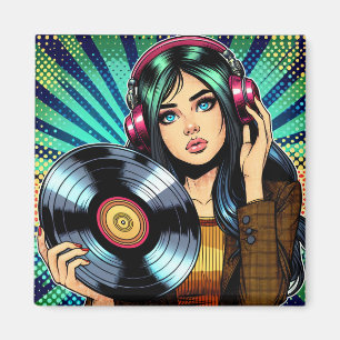 Coole Pop-Art-Comicstil-Girl mit Vinyl-Album Magnet
