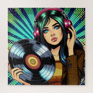 Coole Pop-Art-Comicstil-Girl mit Vinyl-Album Puzzle