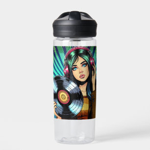 Coole Pop-Art-Comicstil-Girl mit Vinyl-Album Trinkflasche