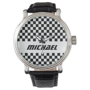 Coole Rennflagge Schwarz-Weiß-Schachbrett Name Armbanduhr