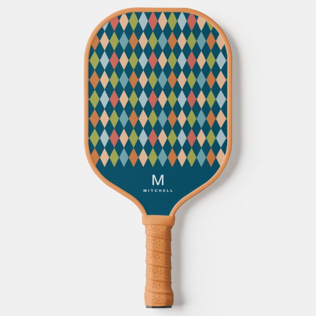 Coole Retro-Raute Diamanten Aquamarin Monogramm Pickleball Schläger (Vorderseite)