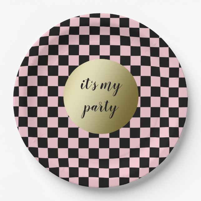 Coole Retro-Rosa Karos mit schwarzem Schachbrettmu Pappteller (Vorderseite)