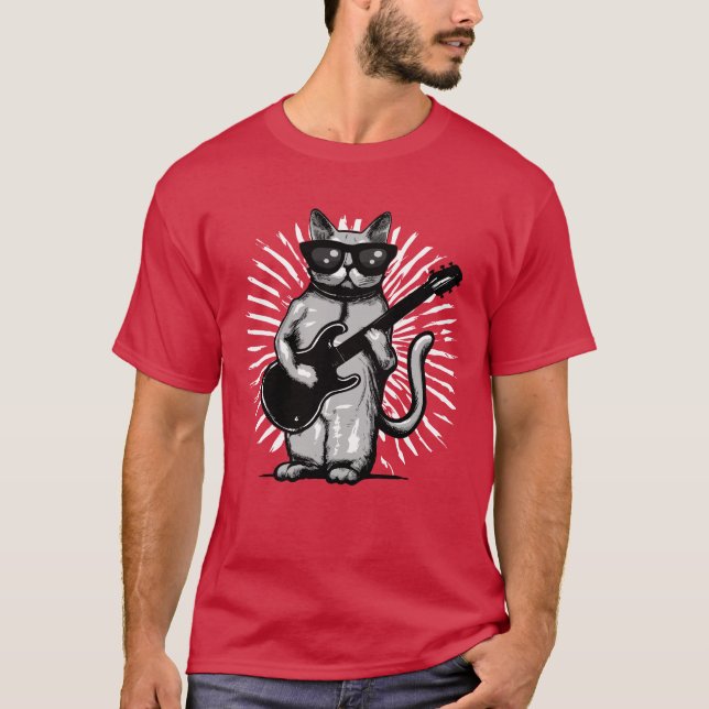 Coole Rock and Roll Cat Gitarre spielen T-Shirt (Vorderseite)