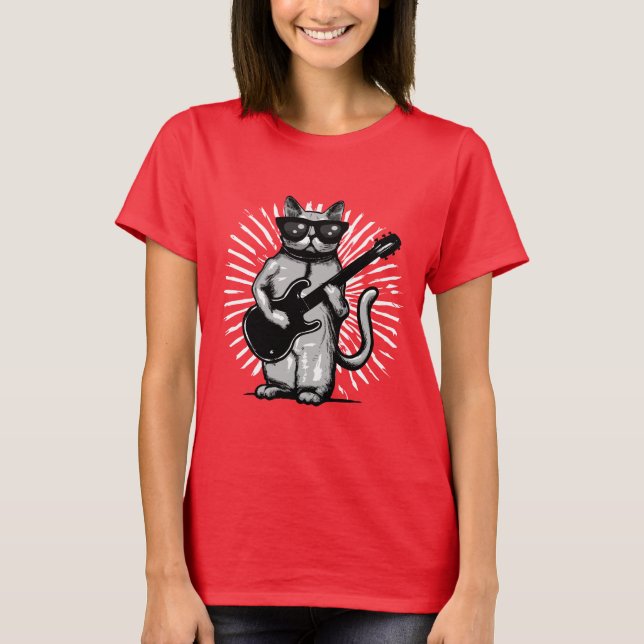 Coole Rock and Roll Cat Gitarre spielen T-Shirt (Vorderseite)
