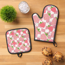Coole rosa Kitchenette Erdbeeren Gestalt geprüft Ofenhandschuh & Topflappen-Set