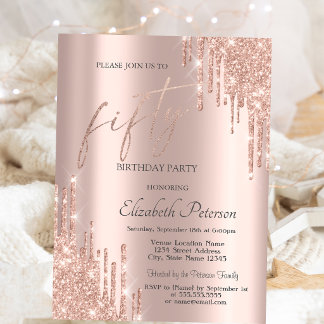 Coole Rose Gold Glitzer Tropfen 50. Geburtstag Einladung