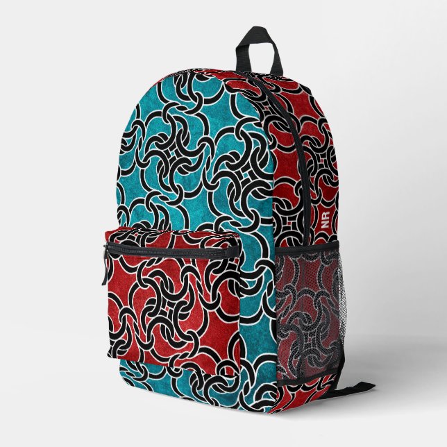 Coole rote und blaue keltische Knoten Modernes Mon Bedruckter Rucksack (Rückseitige Ecke Rechts)