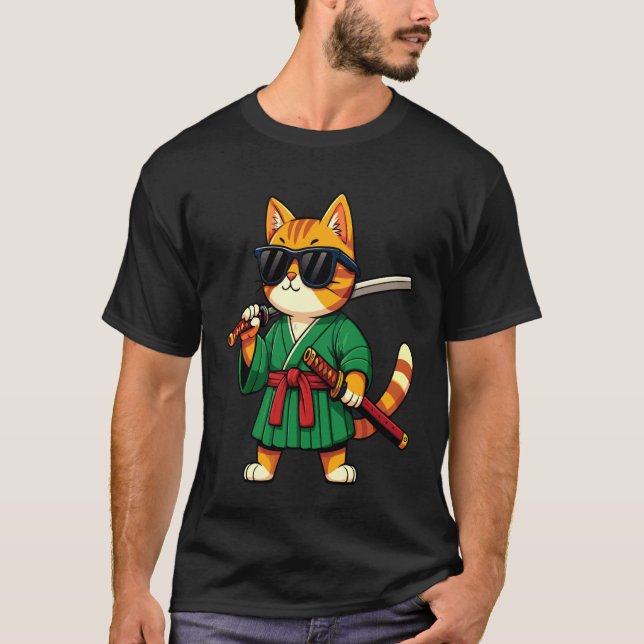Coole Samurai-Katze mit schwarzer Sonnenbrille T-Shirt (Vorderseite)