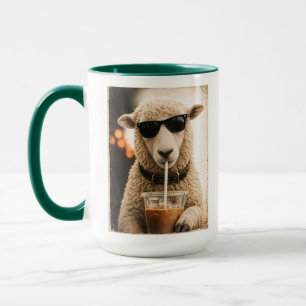 Coole Schafe, die eisgekühlten Kaffee trinken Tasse