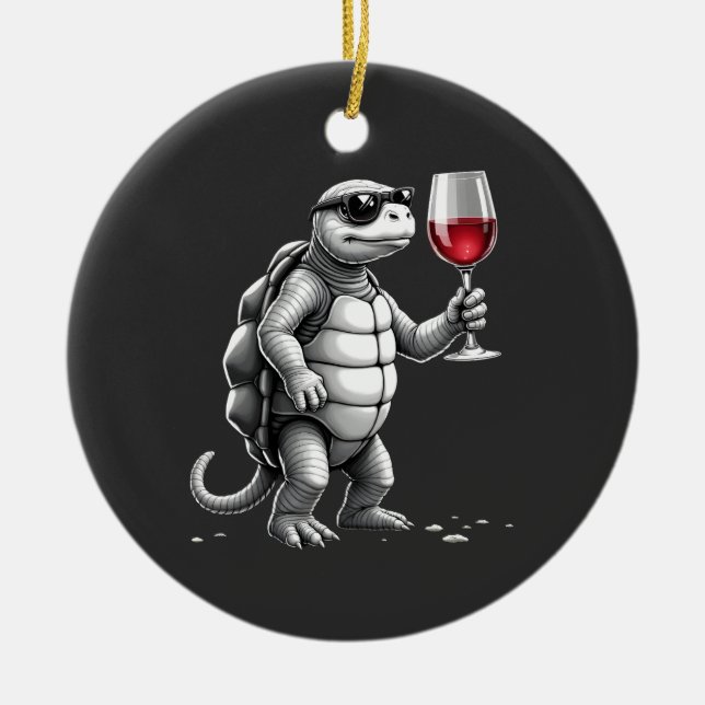 coole Schildkröte trinkt Rotwein Kunstprint_1 (2) Keramik Ornament (Vorne)