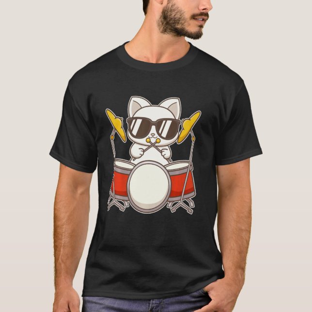 Coole Schlagzeuger Katze mit Brille T-Shirt (Vorderseite)