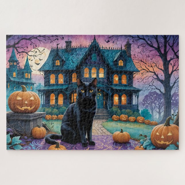 Coole Schwarze Katze, Kürbislaternen, Spooky House Puzzle (Horizontal)