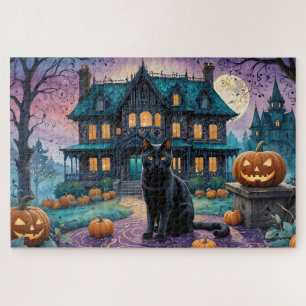 Coole Schwarze Katze, Kürbislaternen, Spooky House Puzzle