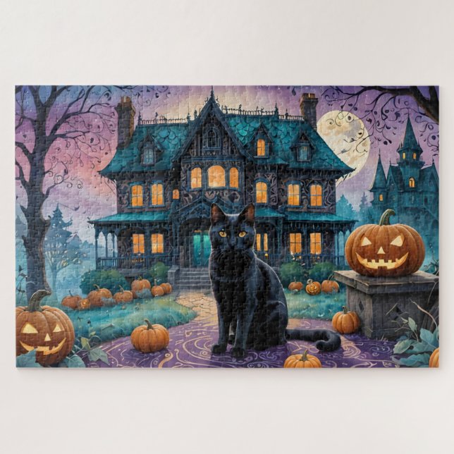 Coole Schwarze Katze, Kürbislaternen, Spooky House Puzzle (Horizontal)