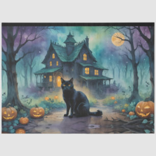 Coole Schwarze Katze, Kürbislaternen, Spooky House Seidenpapier