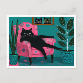 Coole Schwarze Katze Lounge in rosa Sessel Postkarte