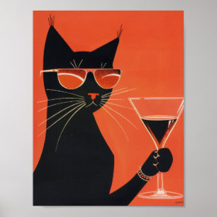 Coole Schwarze Katze mit Sonnenbrille Drinken aus  Poster