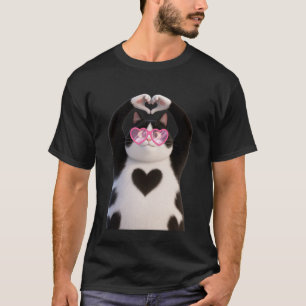 Coole schwarze Katzenkatze rote Herzbrille V-Day V T-Shirt