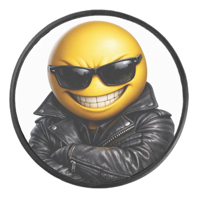 Coole, selbstbewusste Emoji-Lederjacke Eishockey Puck (Vorderseite)