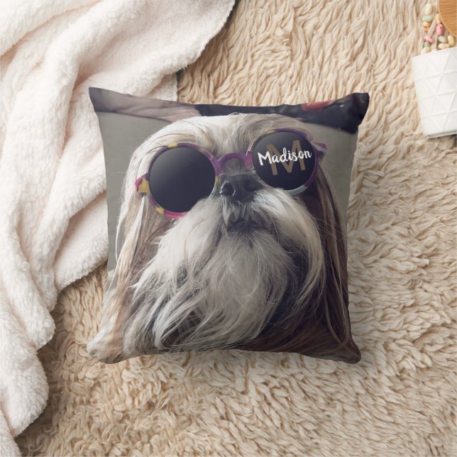 Coole Shih Tzu Vintage Retrobrille Foto Monogramm Kissen (Decke)