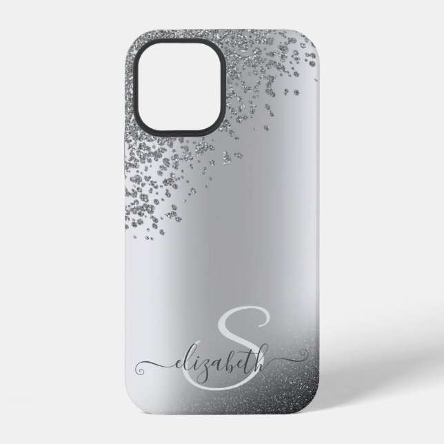 Coole Silber-Glitter-Diamanten-Monogramm iPhone Hülle (Rückseite)