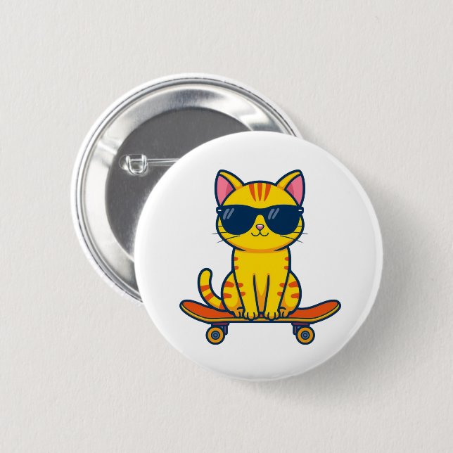 Coole Skateboarding-Katze mit Sonnenbrille Cartoon Button (Vorne & Hinten)