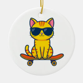 Coole Skateboarding-Katze mit Sonnenbrille Cartoon Keramik Ornament
