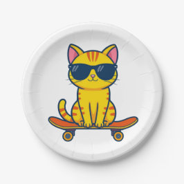 Coole Skateboarding-Katze mit Sonnenbrille Cartoon Pappteller