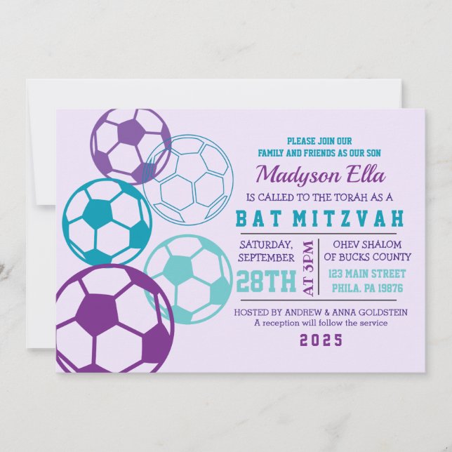 COOLE SOCCER Aqua Lila Bat Mitzvah Einladung (Vorderseite)