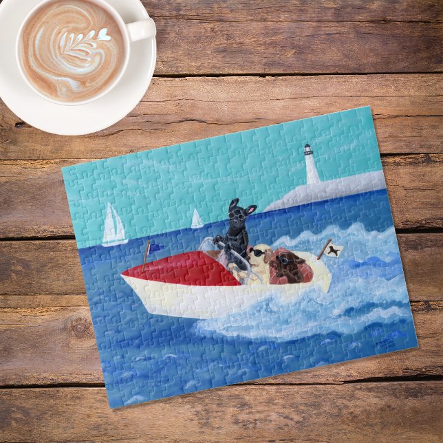 Coole Sommer-Labrador-Malerei Puzzle (Cool Summer Labradors Painting Jigsaw Puzzle featuring Labs enjoying boat ride on the sea. )