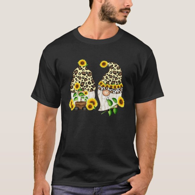 Coole Sonnenblumen-Gnome Leopard-Hippie-Gnom-Blume T-Shirt (Vorderseite)