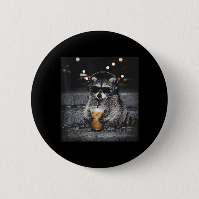 Coole Sonnenbrille Waschbär trinkt Eiskaffee Button (Vorderseite)