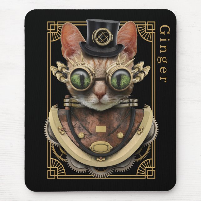 Coole Steampunk-Orange Tabby-Katze mit Namen Mousepad (Vorne)