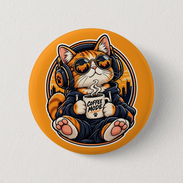 Coole Streetwear-Katze trinkt Kaffee Button (Vorderseite)