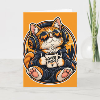 Coole Streetwear-Katze trinkt Kaffee Karte