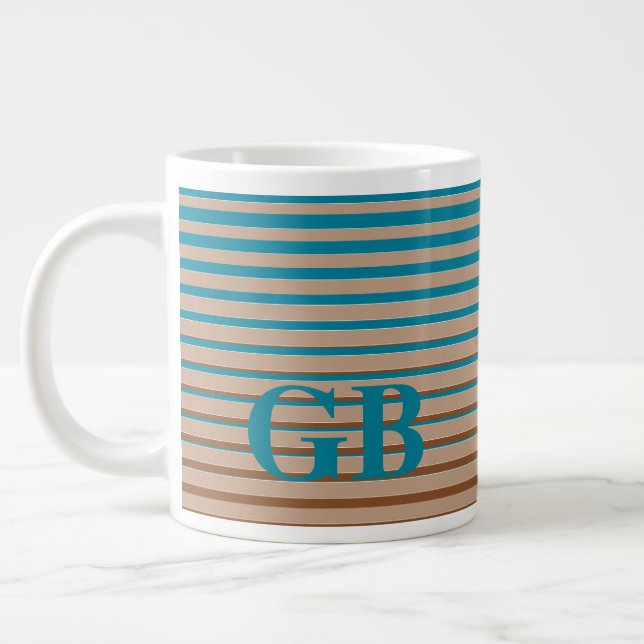 Coole Streifen braun und blau Mit Monogramm Jumbo-Tasse (Links)
