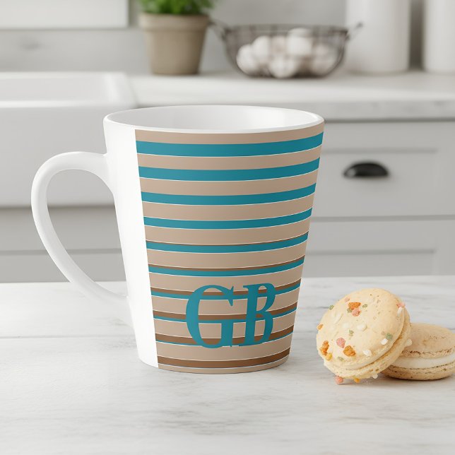 Coole Streifen braun und blau Mit Monogramm Milchtasse (blue and brown stripes with monogram mug)