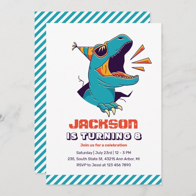 Coole T-Rex Dinosaurier Boys Geburtstag Einladung (Vorne/Hinten)