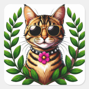 Coole Tabby-Katze mit Sonnenbrille und Blumen 🐱 Quadratischer Aufkleber